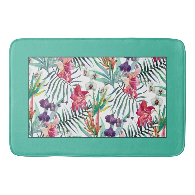 Tapete De Banheiro Padrão Floral Tropical Brilhante com Borda Aqua (Frente)