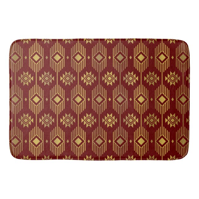 Tapete De Banheiro Padrão geométrico de ikat vermelho e dourado (Frente)