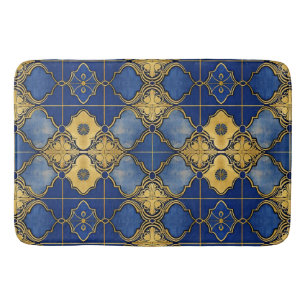 Tapete De Banheiro Padrão Marroquino Inspirado Trevos Azul Dourado