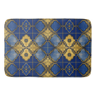 Tapete De Banheiro Padrão Marroquino Inspirado Trevos Azul Dourado