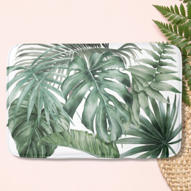 Tapete De Banheiro Padrão Moderno de Monstera Tropical Branca deixa (Criador carregado)