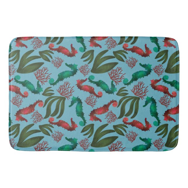 Tapete De Banheiro Padrão Náutico do Cavalo do Mar de Aquarela (Frente)