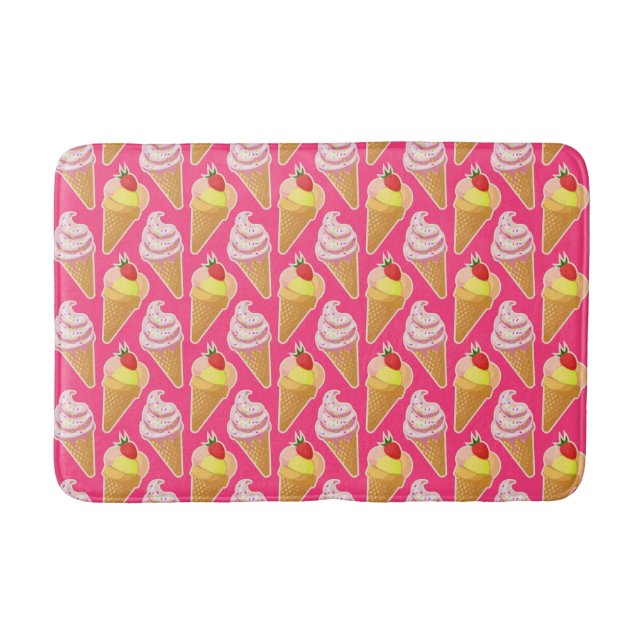 Tapete De Banheiro Padrão rosa Kawaii com sorvete de morango (Frente)