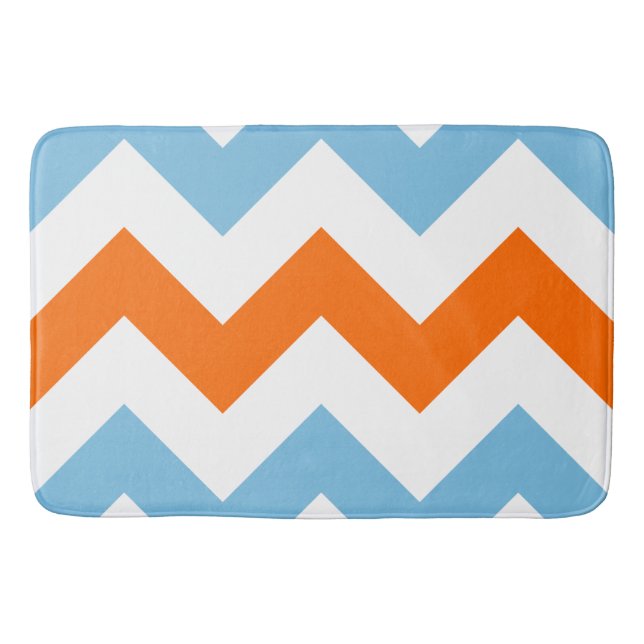 Tapete De Banheiro Padrão Zigzag Laranja Branco e Azul (Frente)