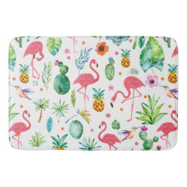 Tapete De Banheiro Padrões de Flamingos e Flores Tropicais Cor-de-Ros