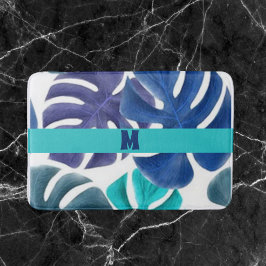 Tapete De Banheiro Palmas Tropicais de Azul e Roxo