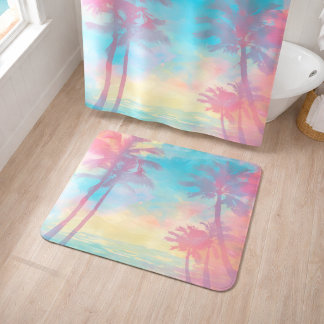 Tapete De Banheiro Palmeiras Tropicais Pastel Suave Teal Rosa Costeir