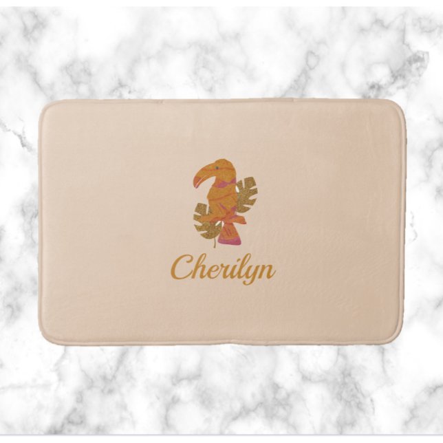 Tapete De Banheiro Pássaro Tônico Tropical bonito, Rosa e Dourado, co (Criador carregado)