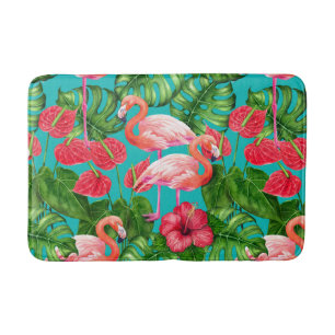 Tapete De Banheiro Pássaros Flamingo e aquarela de jardim tropical