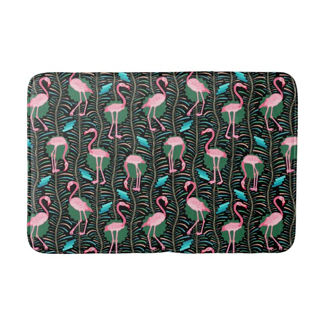 Tapete De Banheiro Pássaros Flamingo Rosa 20s Deco Ferns Padrão Preto (Frente)