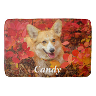 Tapete De Banheiro Pembroke Welsh Corgi Puppy Dog em Folhas Vermelhas