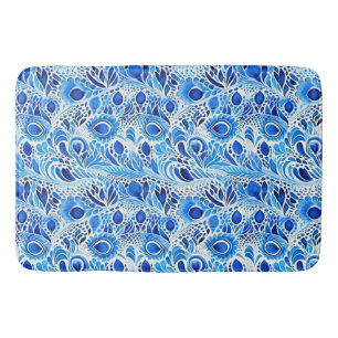 Tapete De Banheiro Penas de Pavão Branco Azul