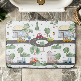 Tapete De Banheiro Pequena Cidade e Carros Padrão Colorido
