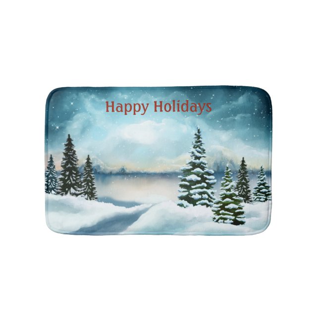 Tapete De Banheiro Pinheiros nevados perto de um lago (frente)