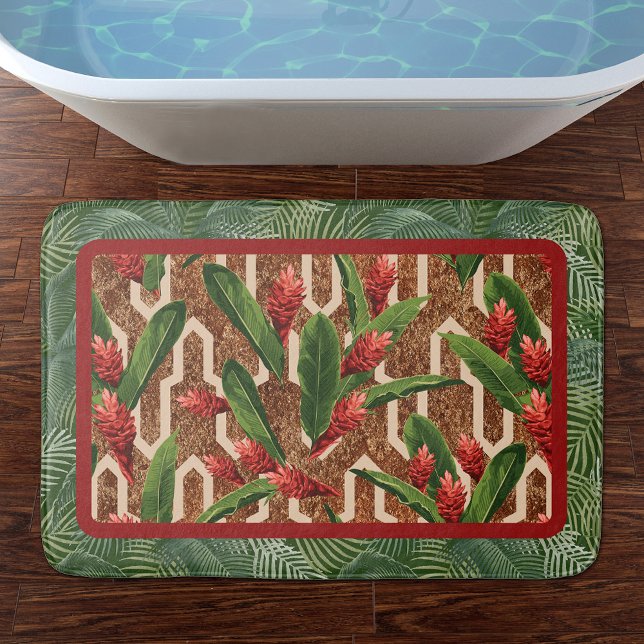Tapete De Banheiro Plantas Tropicais e palmeiras (Tropical Plants and Palms Geometric Pattern Bath Mat)