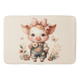 Tapete De Banheiro Porquinho Caprichoso em Jardineira Pastel Pêssego