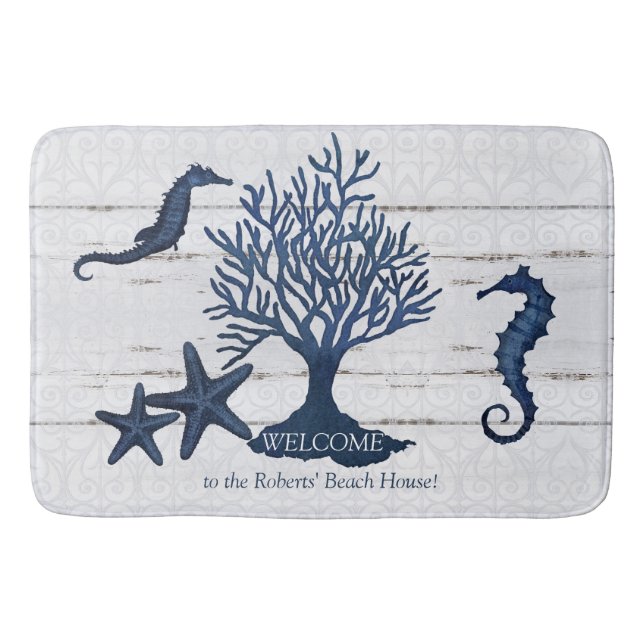 Tapete De Banheiro Praia Marinho Costeiro Azul na Madeira Coral (Frente)