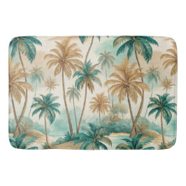 TAPETE DE BANHEIRO PRAIA TROPICAL VERDE E MARROM COM PALMEIRAS