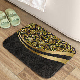 Tapete De Banheiro Preto e teste padrão floral Dourado dos damascos