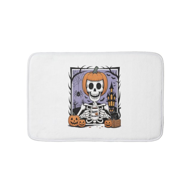 Tapete De Banheiro Pumpkin Skeleton Bebendo Café (frente)