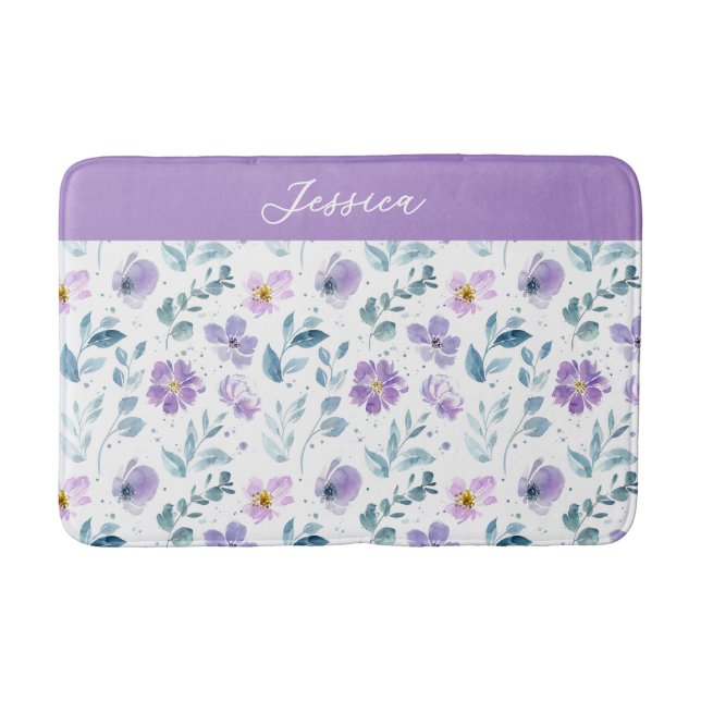 Tapete De Banheiro Purple Green Watercolor Wildflower Monogram Name (Frente)