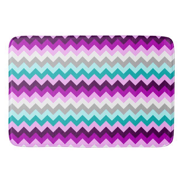 Tapete De Banheiro Purple White Teal Chevrons Large Bath Mat (Frente)