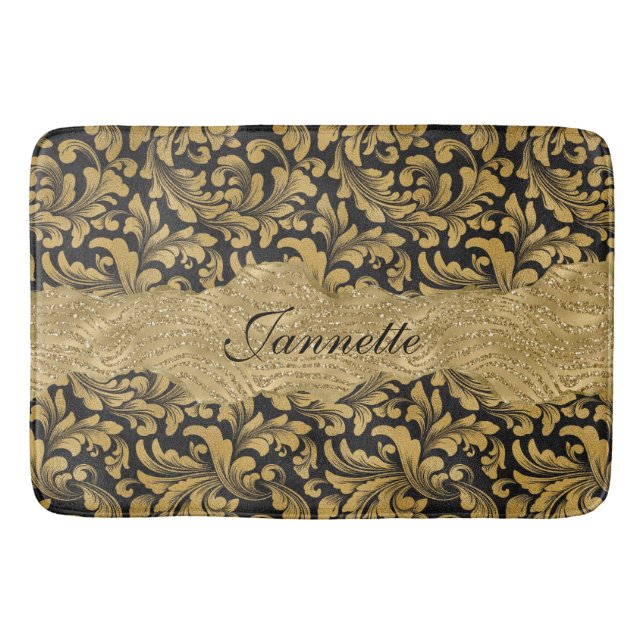 Tapete De Banheiro Quic Floral - Faux Black Dourado Monograma (Frente)