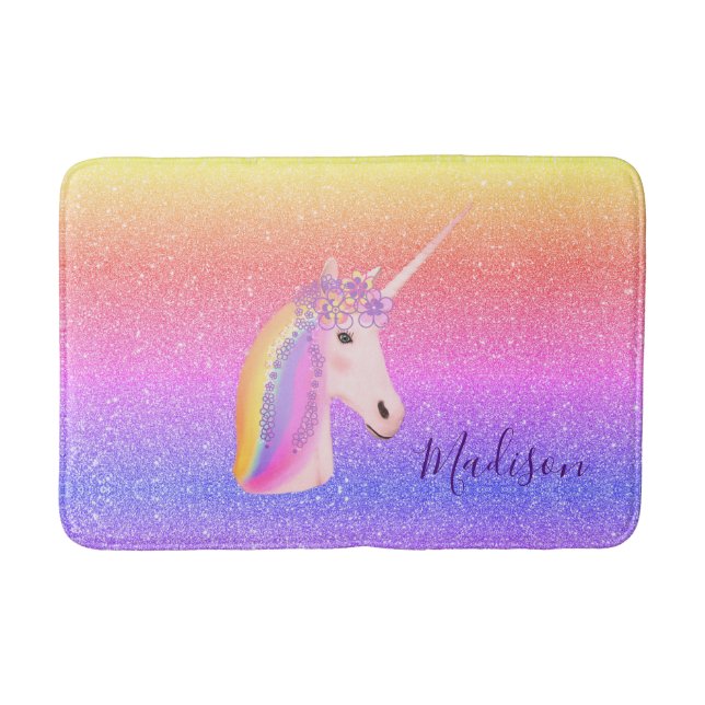 Tapete De Banheiro Rainbow Unicorn Faux Glitter Girls Personalizadas (Frente)
