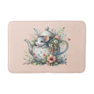 Tapete De Banheiro Rato Bonito na Ilustração Floral do Bule de chá