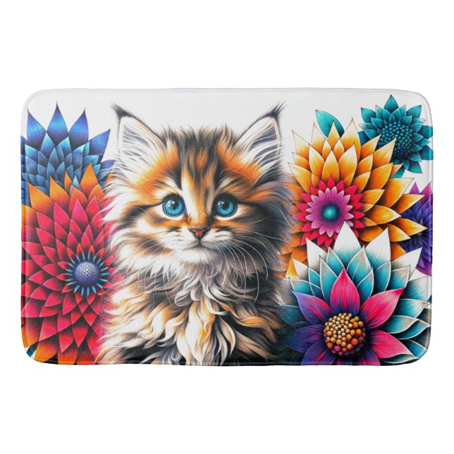Tapete De Banheiro Retrato Floral de Gatinho Radiante (Frente)