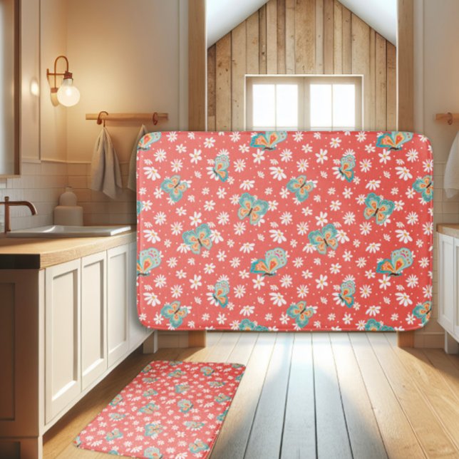 Tapete De Banheiro RETRO 70s Hippy Daisy Mod Butterfly Salmão rosa (Criador carregado)
