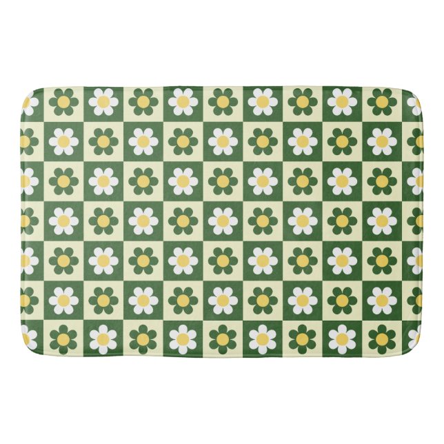 Tapete De Banheiro Retro Sage Green and Cream Daisy Checkerboard  (Frente)