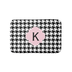 Tapete De Banheiro Rosa Houndstooth do preto do monograma, o branco e
