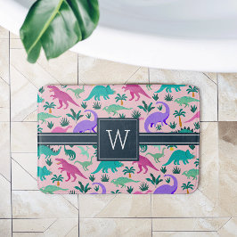 Tapete De Banheiro Rosa | Monograma - Padrão De Dinossauro Colorido