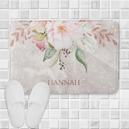 Tapete De Banheiro Rosa Rosa Elegante Monograma e Floral de Peony
