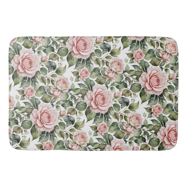 Tapete De Banheiro Rosas Rosa Clássicas e Folhas de Sage (Frente)