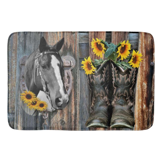 Tapete De Banheiro Rustic Western Horse Cowboy Botas Sunflower (Frente)