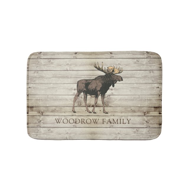 Tapete De Banheiro Rustic Wood Moose Family Name Shower Curtain (frente)