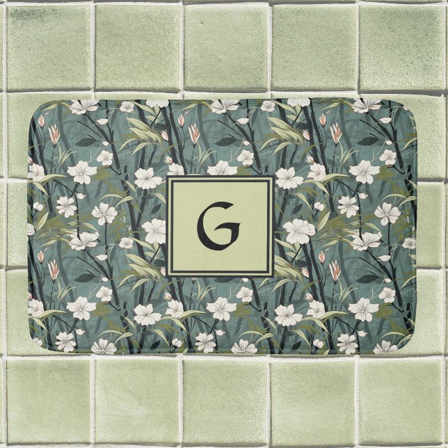 Tapete De Banheiro Sage Green Chinoiserie Floral White Initial  (Criador carregado)