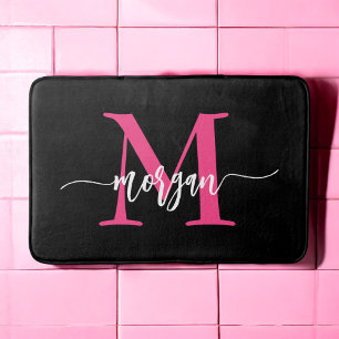 Tapete De Banheiro Sala de Dorme da Menina do Monograma Negro Rosa-Qu