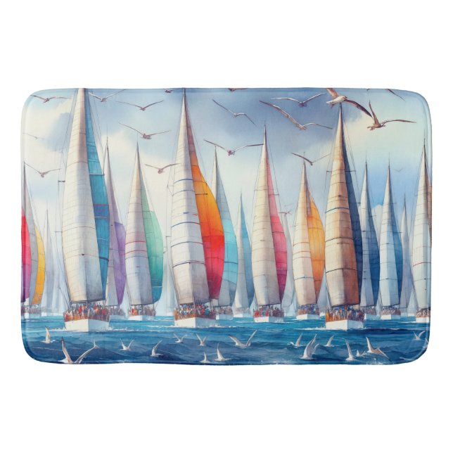 Tapete De Banheiro Seagulls Soaring With a Sailboat Regatta (Frente)