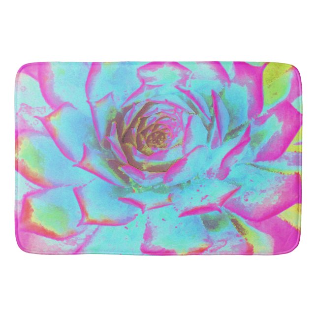 Tapete De Banheiro Sedum Rosette Quente Rosa e Azul Suculente (Frente)