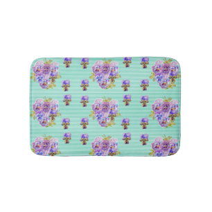 Tapete De Banheiro Shabby Aqua Pansy viola flores florais Bath Mat