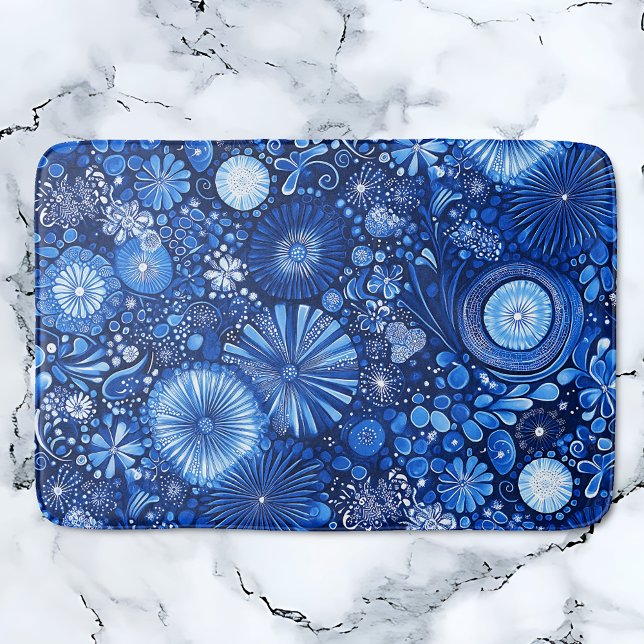 Tapete De Banheiro Shibori Botânico Azul (Blue Botanical Shibori Bath Mat)