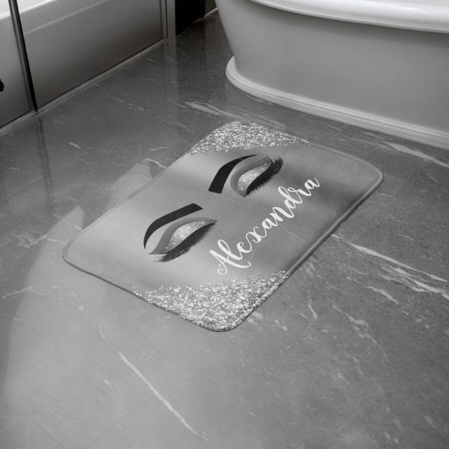 Tapete De Banheiro Silver Glitter Sparkle Eyelashes Monograma (Criador carregado)