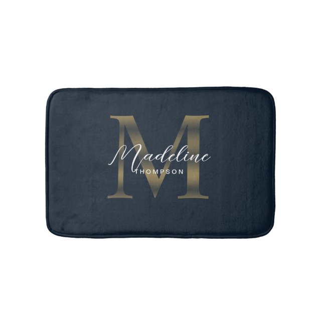 Tapete De Banheiro Simple Script Metallic Navy Blue Gold Monogram (frente)