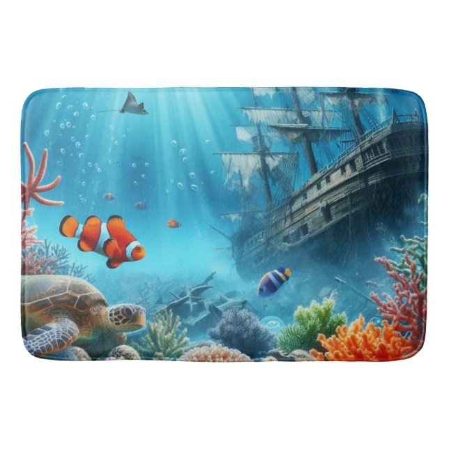 Tapete De Banheiro Sob o mar, tartaruga, coral, navio, palhaço (Frente)