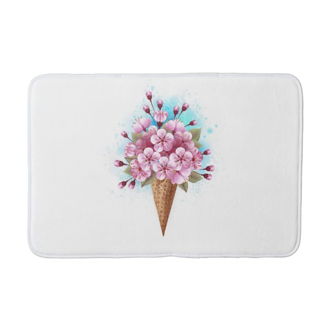 Tapete De Banheiro Sorvete Waffle Rosa Sakura Cone (Frente)
