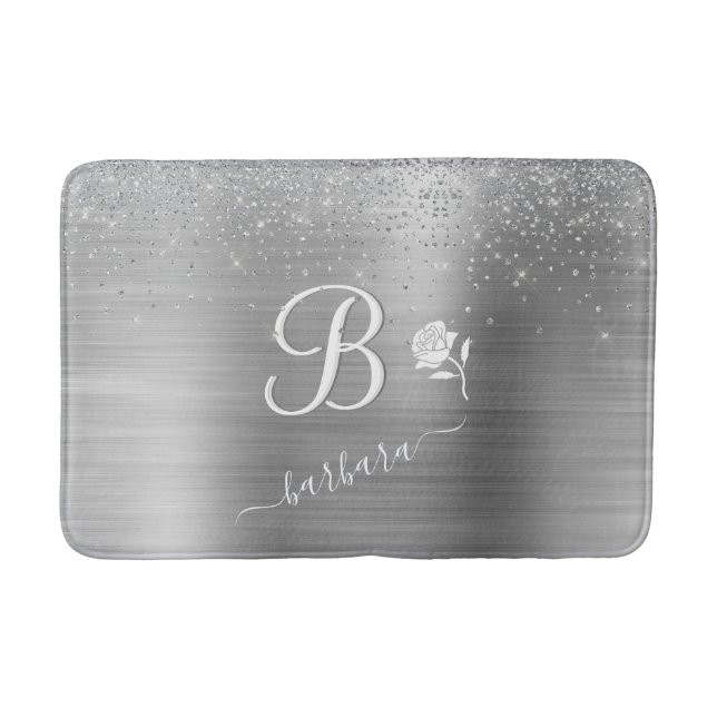 Tapete De Banheiro Sparkle Silver Monograma Personalizado Elegante (Frente)