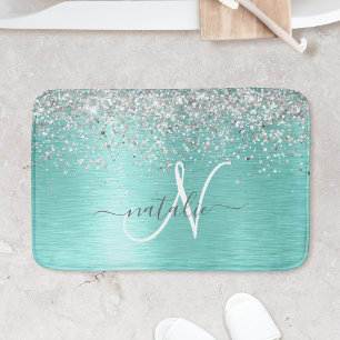 Tapete De Banheiro Teal Brugado Metal Silver Glitter Nome Monograma